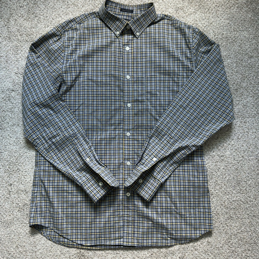 Banana Republic Men's Yllw Blue Plaid Slim Fit Flex Tech Stretch Cotton Shirt L
